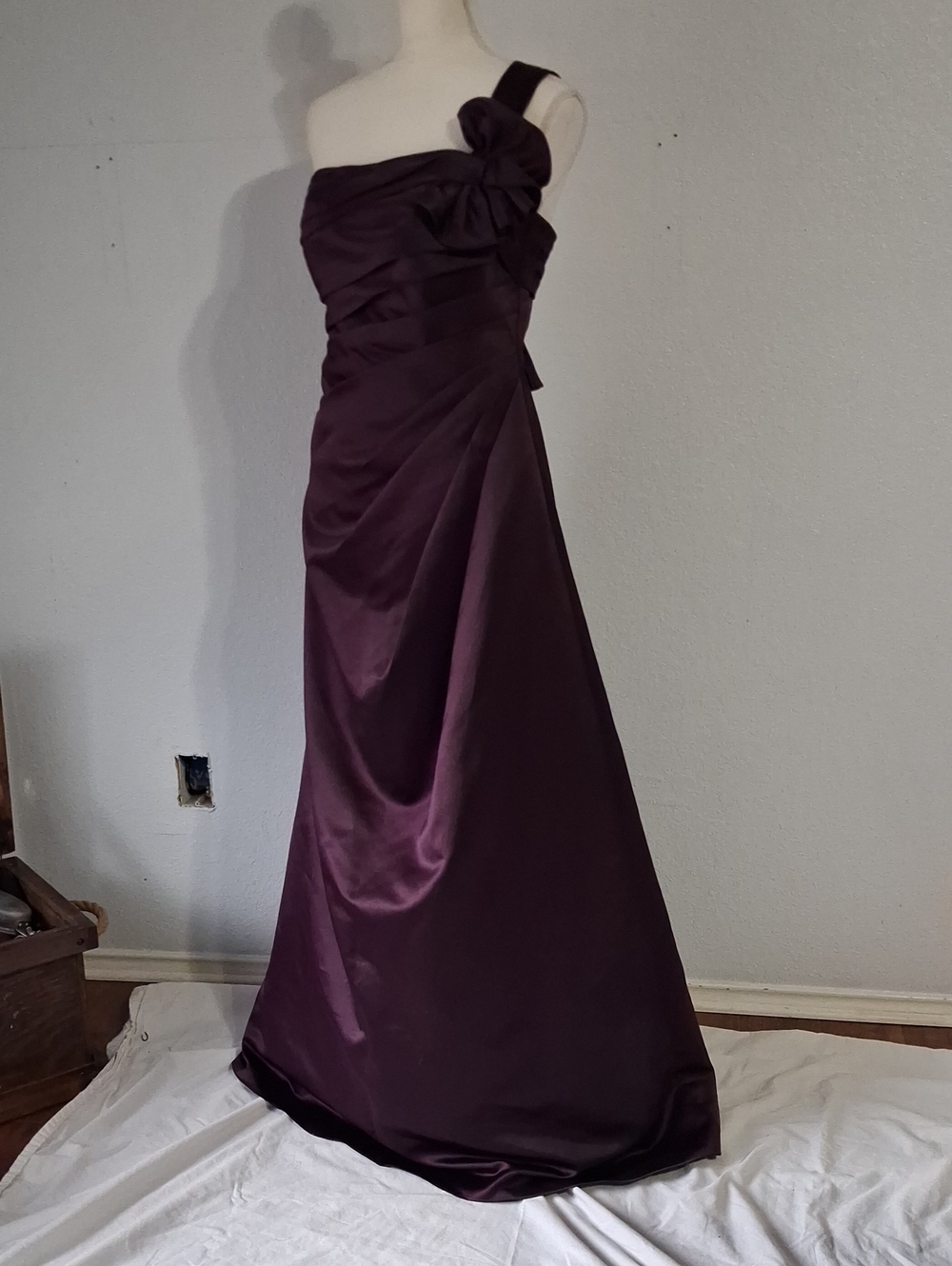 David's Bridal One-Shoulder Plum Satin Evening Dress with Rosette